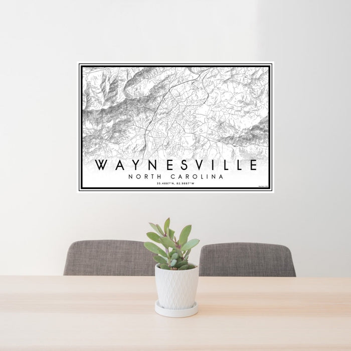 24x36 Waynesville North Carolina Map Print Lanscape Orientation in Classic Style Behind 2 Chairs Table and Potted Plant