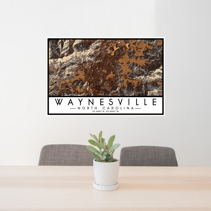 24x36 Waynesville North Carolina Map Print Lanscape Orientation in Ember Style Behind 2 Chairs Table and Potted Plant