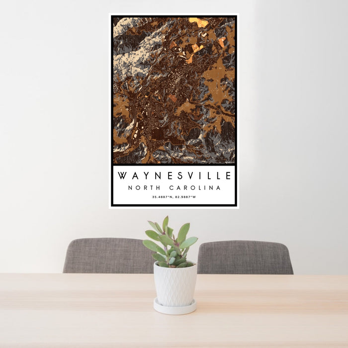 24x36 Waynesville North Carolina Map Print Portrait Orientation in Ember Style Behind 2 Chairs Table and Potted Plant