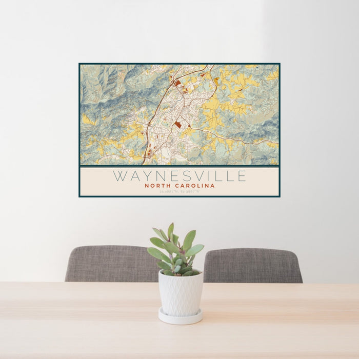 24x36 Waynesville North Carolina Map Print Lanscape Orientation in Woodblock Style Behind 2 Chairs Table and Potted Plant