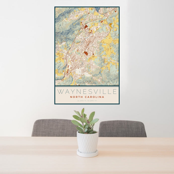 24x36 Waynesville North Carolina Map Print Portrait Orientation in Woodblock Style Behind 2 Chairs Table and Potted Plant