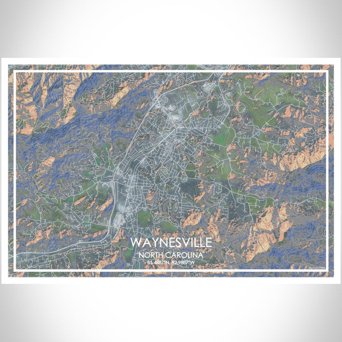 Waynesville North Carolina Map Print Landscape Orientation in Afternoon Style With Shaded Background