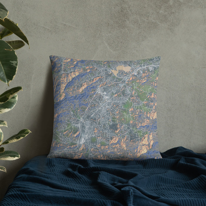 Custom Waynesville North Carolina Map Throw Pillow in Afternoon on Bedding Against Wall