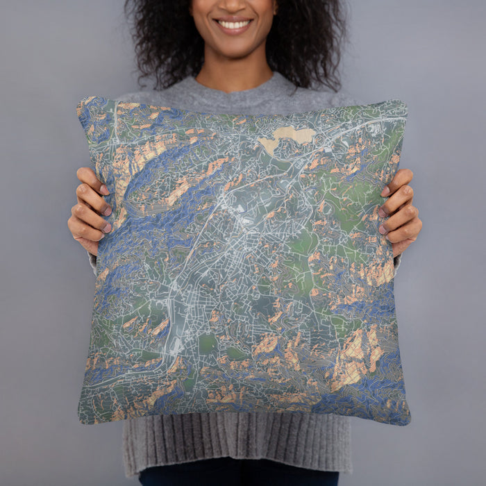 Person holding 18x18 Custom Waynesville North Carolina Map Throw Pillow in Afternoon