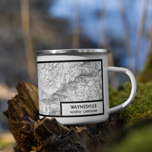 Right View Custom Waynesville North Carolina Map Enamel Mug in Classic on Grass With Trees in Background
