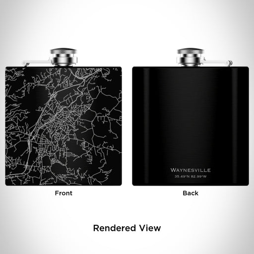 Rendered View of Waynesville North Carolina Map Engraving on 6oz Stainless Steel Flask in Black