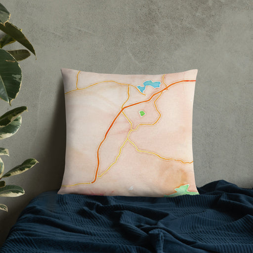 Custom Waynesville North Carolina Map Throw Pillow in Watercolor on Bedding Against Wall