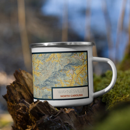 Right View Custom Waynesville North Carolina Map Enamel Mug in Woodblock on Grass With Trees in Background
