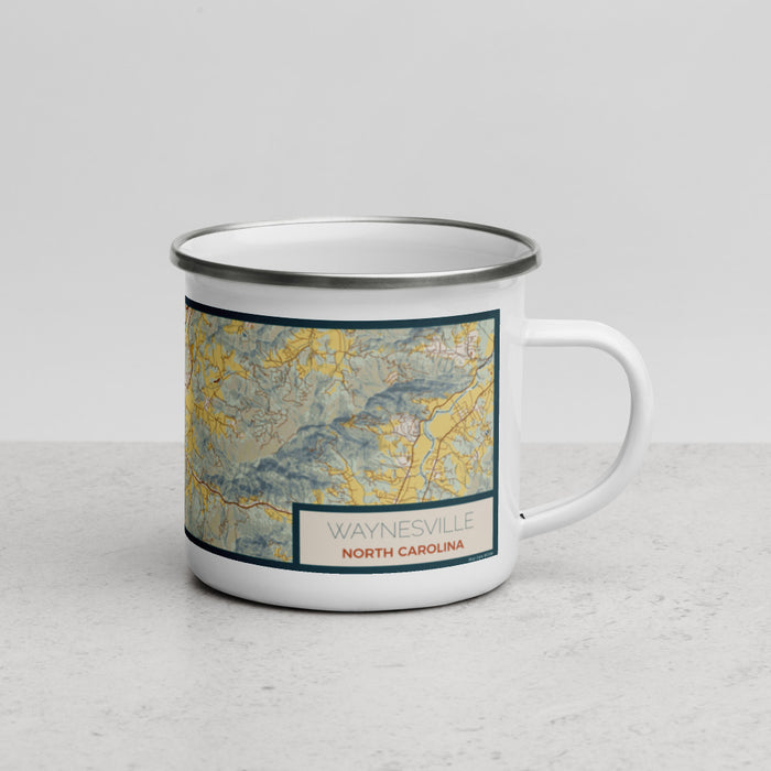 Right View Custom Waynesville North Carolina Map Enamel Mug in Woodblock