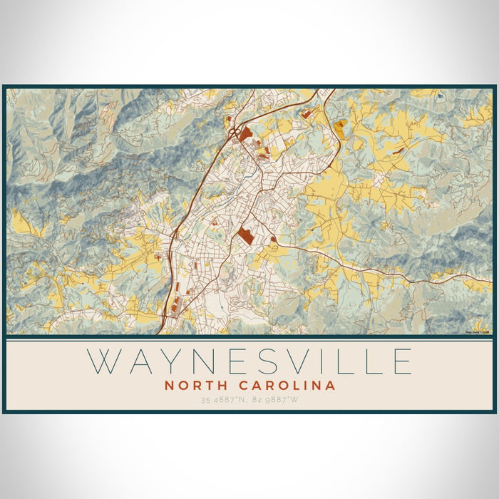 Waynesville North Carolina Map Print Landscape Orientation in Woodblock Style With Shaded Background