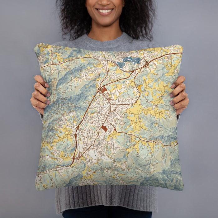 Person holding 18x18 Custom Waynesville North Carolina Map Throw Pillow in Woodblock