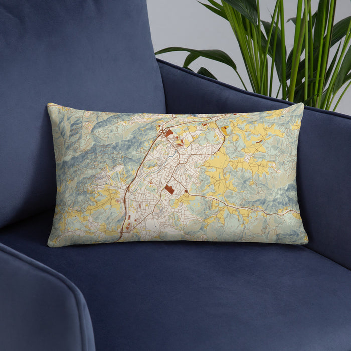 Custom Waynesville North Carolina Map Throw Pillow in Woodblock on Blue Colored Chair