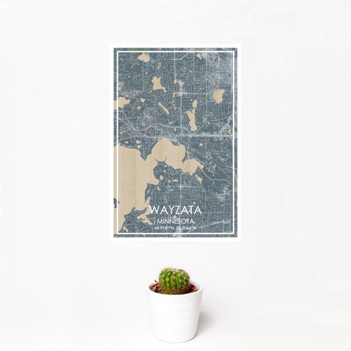 12x18 Wayzata Minnesota Map Print Portrait Orientation in Afternoon Style With Small Cactus Plant in White Planter