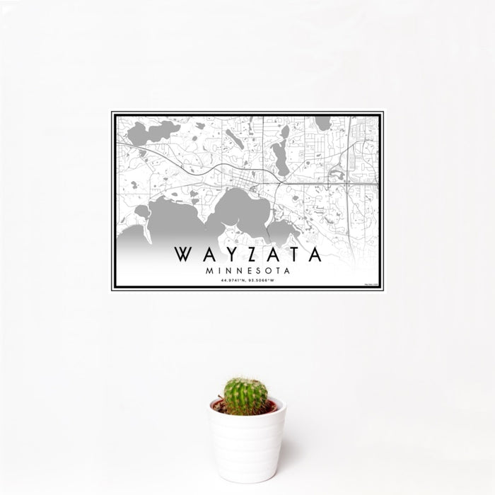 12x18 Wayzata Minnesota Map Print Landscape Orientation in Classic Style With Small Cactus Plant in White Planter
