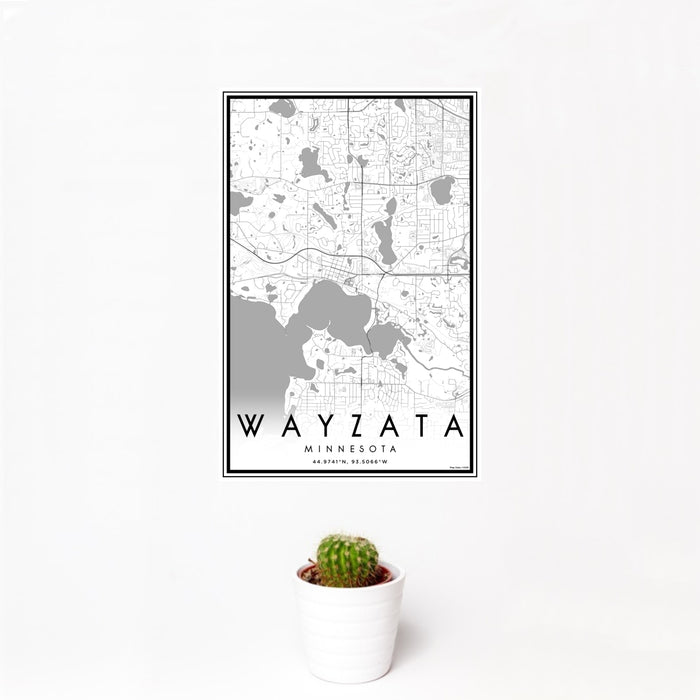 12x18 Wayzata Minnesota Map Print Portrait Orientation in Classic Style With Small Cactus Plant in White Planter