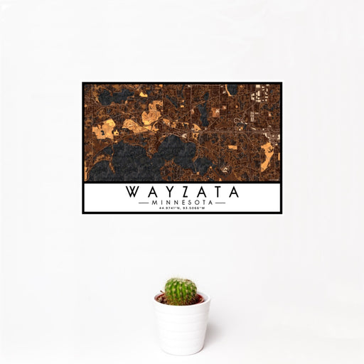 12x18 Wayzata Minnesota Map Print Landscape Orientation in Ember Style With Small Cactus Plant in White Planter