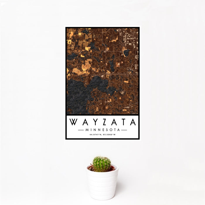 12x18 Wayzata Minnesota Map Print Portrait Orientation in Ember Style With Small Cactus Plant in White Planter
