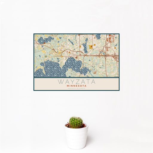 12x18 Wayzata Minnesota Map Print Landscape Orientation in Woodblock Style With Small Cactus Plant in White Planter