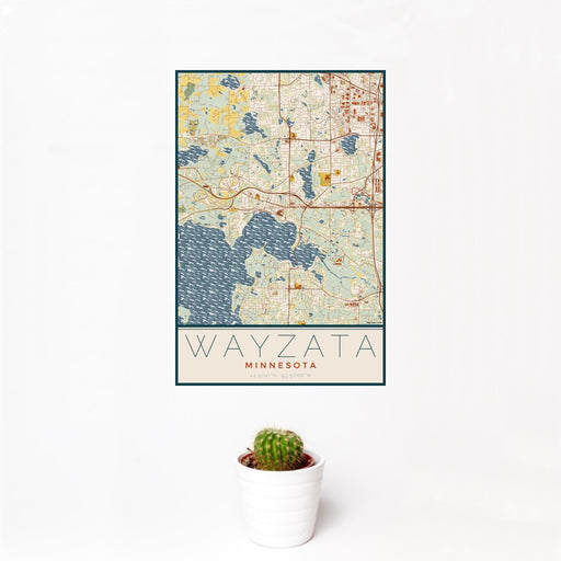 12x18 Wayzata Minnesota Map Print Portrait Orientation in Woodblock Style With Small Cactus Plant in White Planter