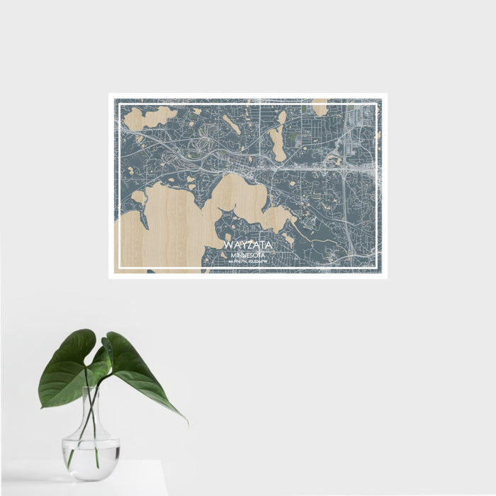 16x24 Wayzata Minnesota Map Print Landscape Orientation in Afternoon Style With Tropical Plant Leaves in Water