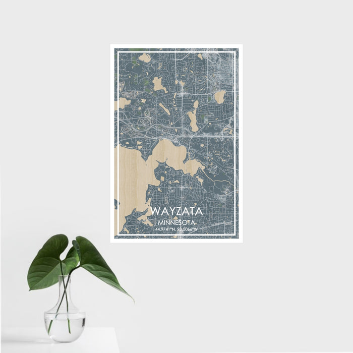 16x24 Wayzata Minnesota Map Print Portrait Orientation in Afternoon Style With Tropical Plant Leaves in Water