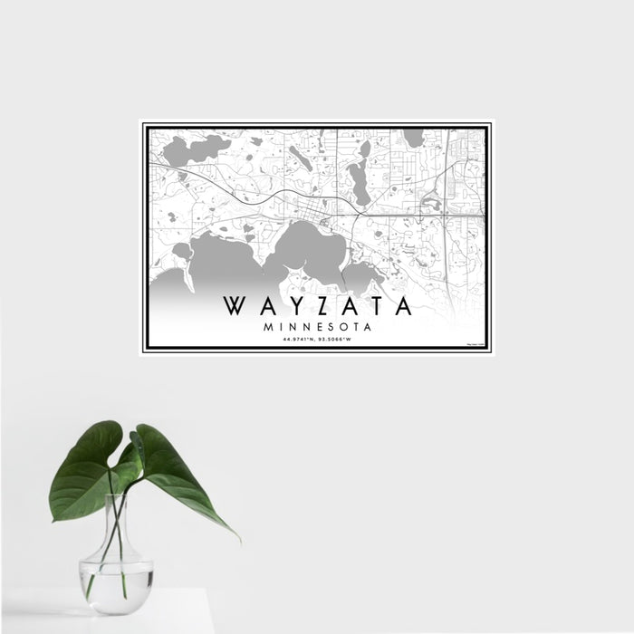 16x24 Wayzata Minnesota Map Print Landscape Orientation in Classic Style With Tropical Plant Leaves in Water