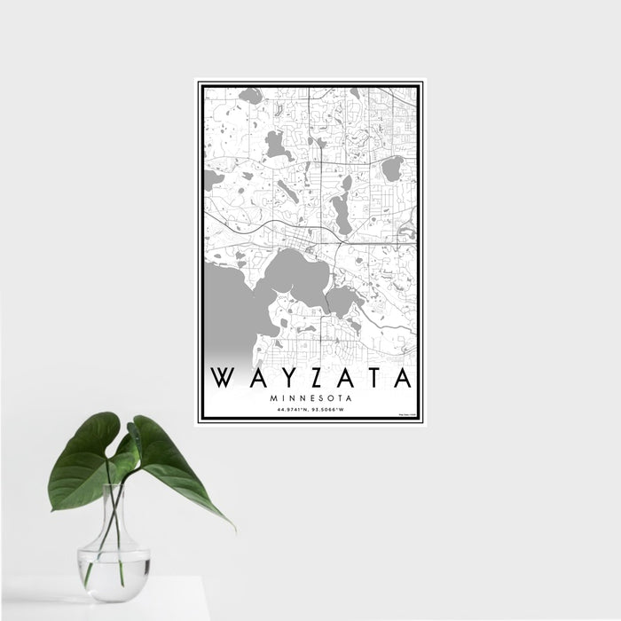 16x24 Wayzata Minnesota Map Print Portrait Orientation in Classic Style With Tropical Plant Leaves in Water