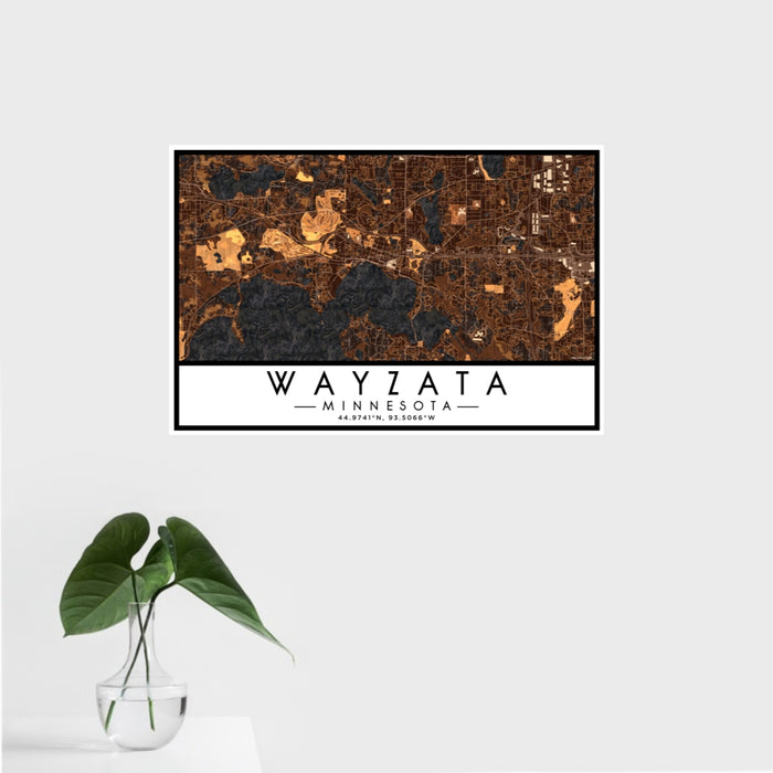 16x24 Wayzata Minnesota Map Print Landscape Orientation in Ember Style With Tropical Plant Leaves in Water