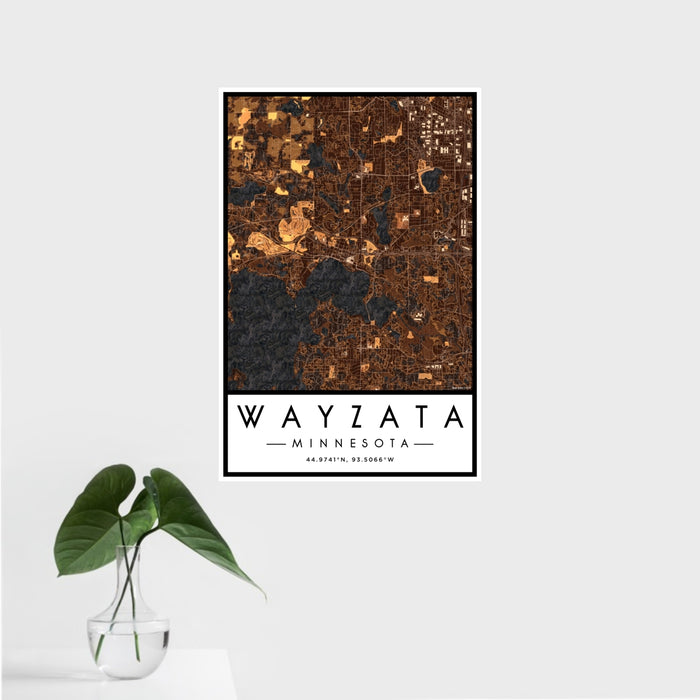 16x24 Wayzata Minnesota Map Print Portrait Orientation in Ember Style With Tropical Plant Leaves in Water