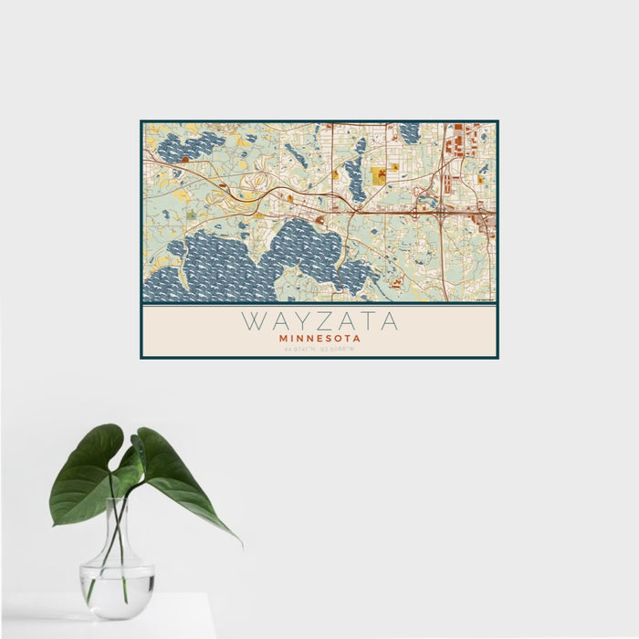 16x24 Wayzata Minnesota Map Print Landscape Orientation in Woodblock Style With Tropical Plant Leaves in Water