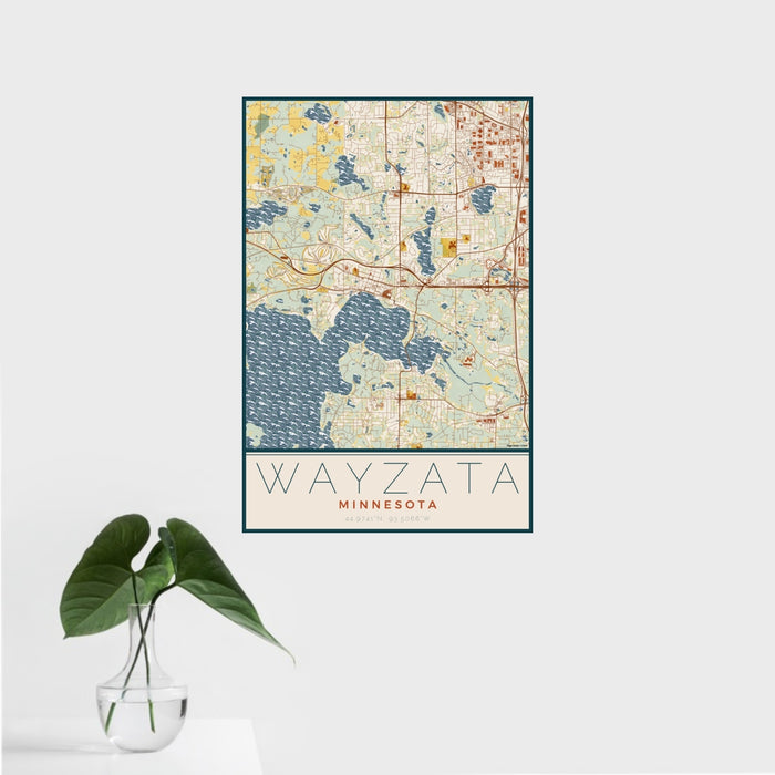 16x24 Wayzata Minnesota Map Print Portrait Orientation in Woodblock Style With Tropical Plant Leaves in Water