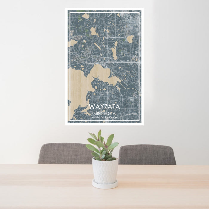 24x36 Wayzata Minnesota Map Print Portrait Orientation in Afternoon Style Behind 2 Chairs Table and Potted Plant
