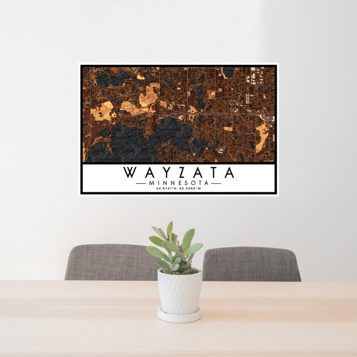 24x36 Wayzata Minnesota Map Print Lanscape Orientation in Ember Style Behind 2 Chairs Table and Potted Plant
