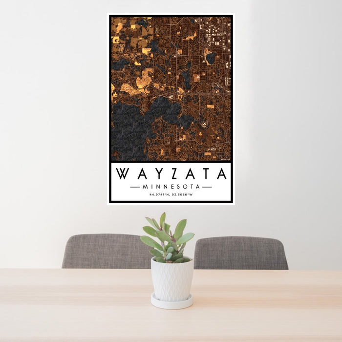 24x36 Wayzata Minnesota Map Print Portrait Orientation in Ember Style Behind 2 Chairs Table and Potted Plant