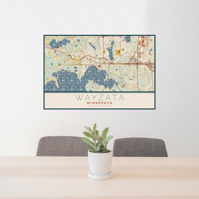 24x36 Wayzata Minnesota Map Print Lanscape Orientation in Woodblock Style Behind 2 Chairs Table and Potted Plant