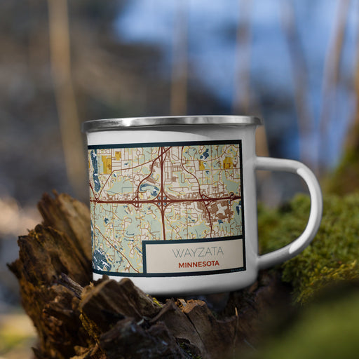 Right View Custom Wayzata Minnesota Map Enamel Mug in Woodblock on Grass With Trees in Background