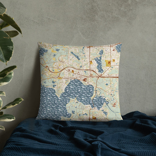 Custom Wayzata Minnesota Map Throw Pillow in Woodblock on Bedding Against Wall
