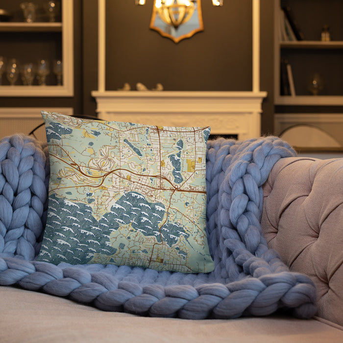 Custom Wayzata Minnesota Map Throw Pillow in Woodblock on Cream Colored Couch