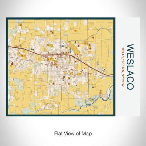 Rendered View of Weslaco Texas Map on 20oz Stainless Steel Insulated Bottle with Bamboo Top with printed woodblock style map