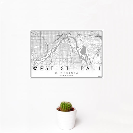 12x18 West St. Paul Minnesota Map Print Landscape Orientation in Classic Style With Small Cactus Plant in White Planter