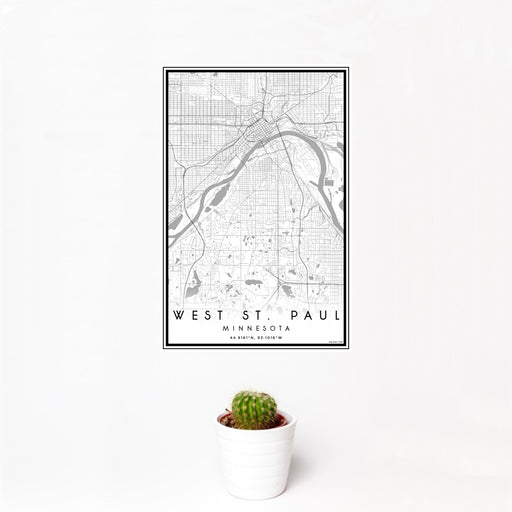 12x18 West St. Paul Minnesota Map Print Portrait Orientation in Classic Style With Small Cactus Plant in White Planter