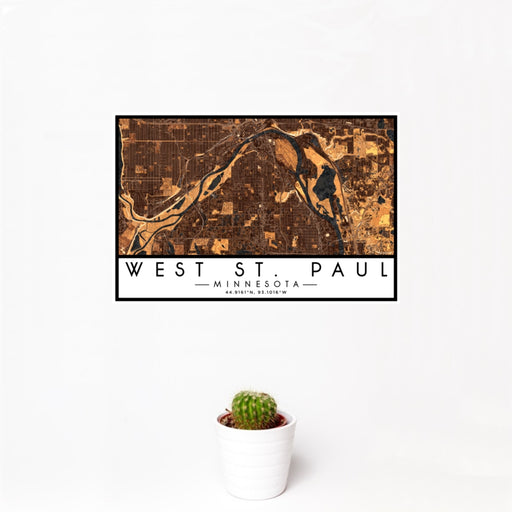 12x18 West St. Paul Minnesota Map Print Landscape Orientation in Ember Style With Small Cactus Plant in White Planter
