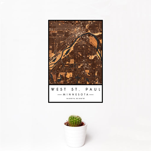 12x18 West St. Paul Minnesota Map Print Portrait Orientation in Ember Style With Small Cactus Plant in White Planter