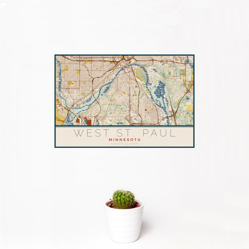 12x18 West St. Paul Minnesota Map Print Landscape Orientation in Woodblock Style With Small Cactus Plant in White Planter