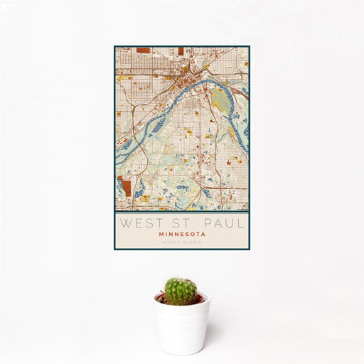 12x18 West St. Paul Minnesota Map Print Portrait Orientation in Woodblock Style With Small Cactus Plant in White Planter