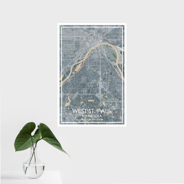 16x24 West St. Paul Minnesota Map Print Portrait Orientation in Afternoon Style With Tropical Plant Leaves in Water