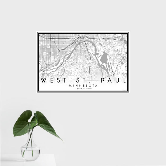 16x24 West St. Paul Minnesota Map Print Landscape Orientation in Classic Style With Tropical Plant Leaves in Water