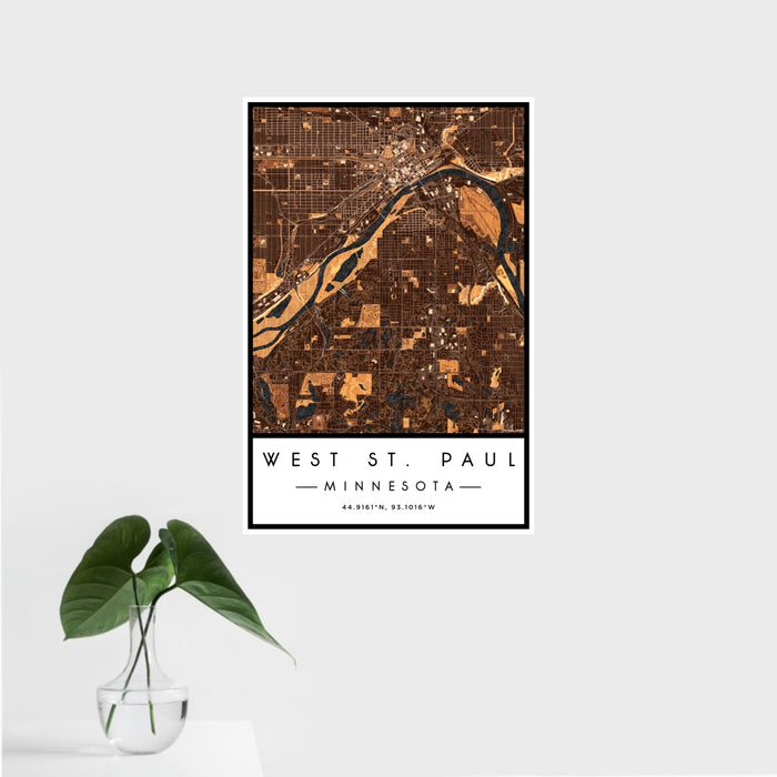 16x24 West St. Paul Minnesota Map Print Portrait Orientation in Ember Style With Tropical Plant Leaves in Water