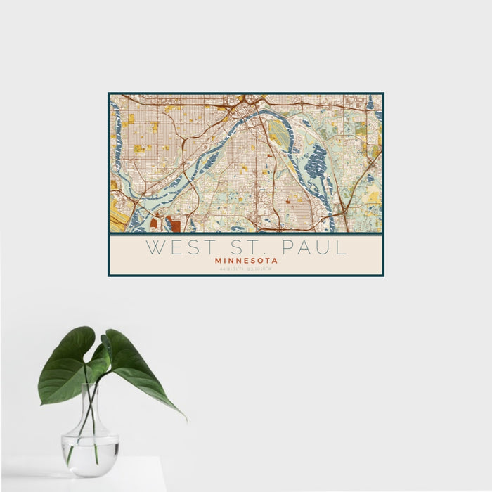 16x24 West St. Paul Minnesota Map Print Landscape Orientation in Woodblock Style With Tropical Plant Leaves in Water