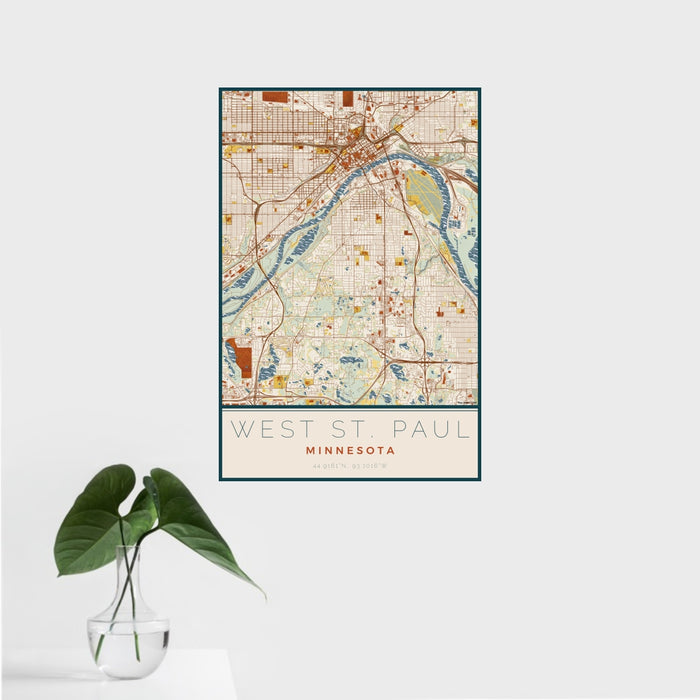 16x24 West St. Paul Minnesota Map Print Portrait Orientation in Woodblock Style With Tropical Plant Leaves in Water
